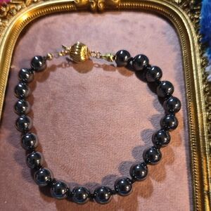 Hematite Black Beaded Bracelet With Gold Hardware
